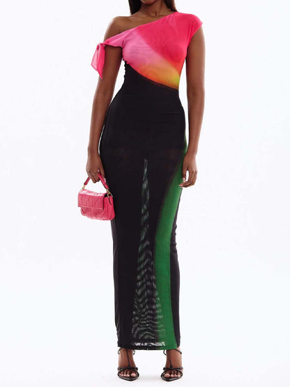 Fashion Stretch Color Block Sexy Skew Neck Dress