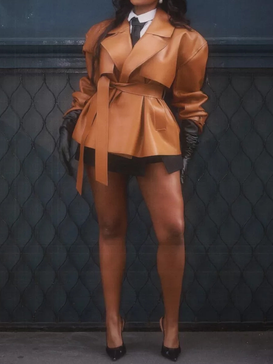 PU Faux Leather Crop Trench Jacket