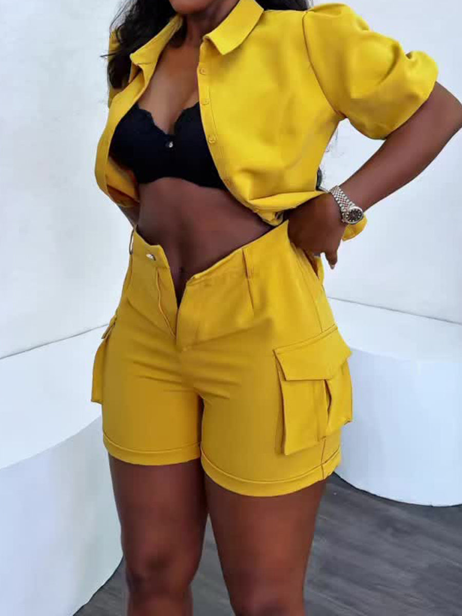 Puff Sleeve Pockets TwoPieces Set