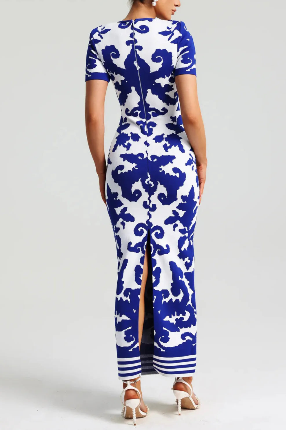 Round Neck Short Sleeve Jacquard Bandage Maxi Dress