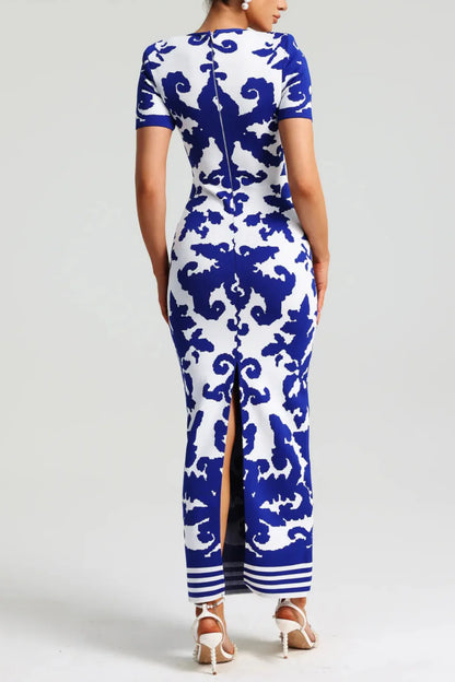 Round Neck Short Sleeve Jacquard Bandage Maxi Dress