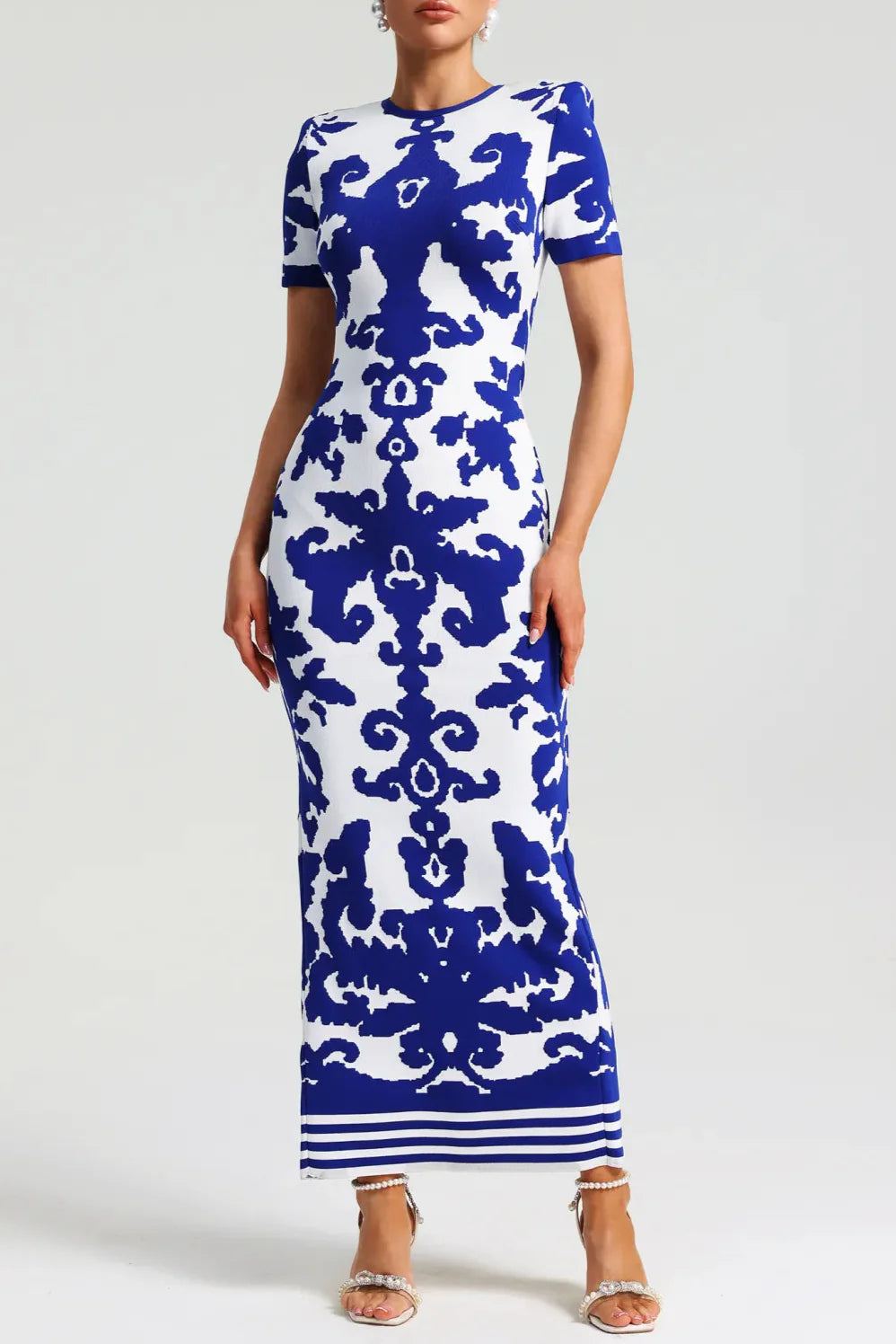 Round Neck Short Sleeve Jacquard Bandage Maxi Dress