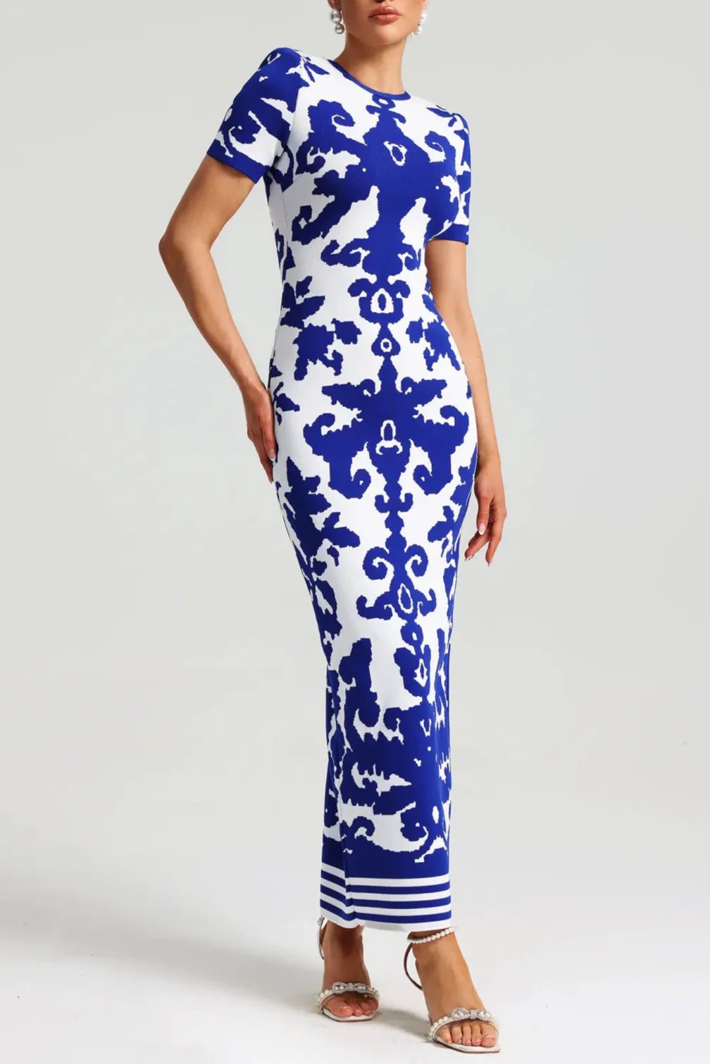 Round Neck Short Sleeve Jacquard Bandage Maxi Dress