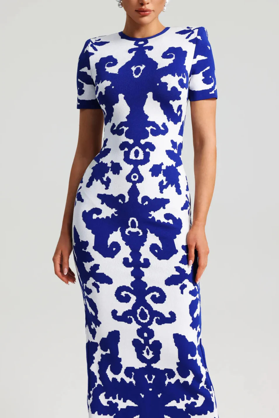 Round Neck Short Sleeve Jacquard Bandage Maxi Dress