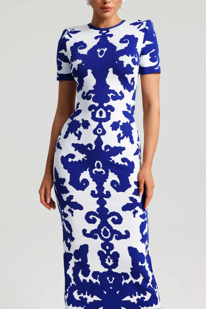 Round Neck Short Sleeve Jacquard Bandage Maxi Dress