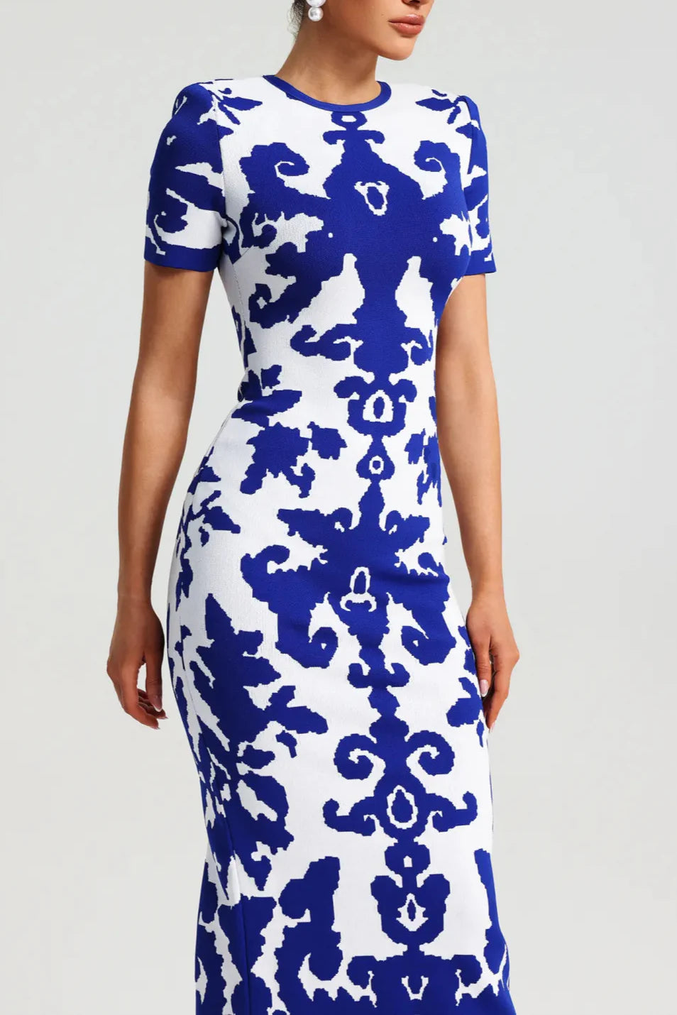 Round Neck Short Sleeve Jacquard Bandage Maxi Dress