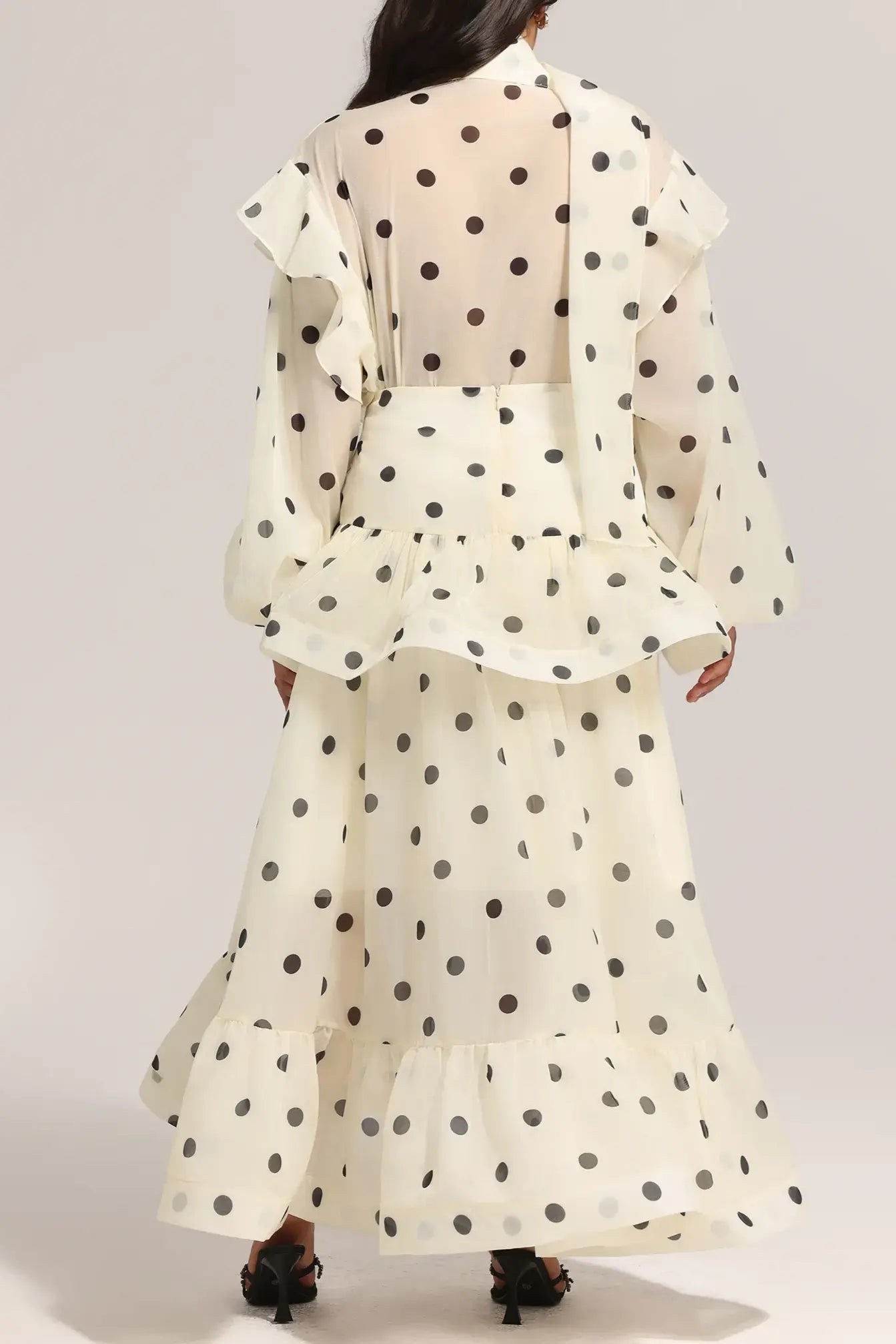 Dot Printed Folds Long Sleeves Top And Skirt Two-Piece Set