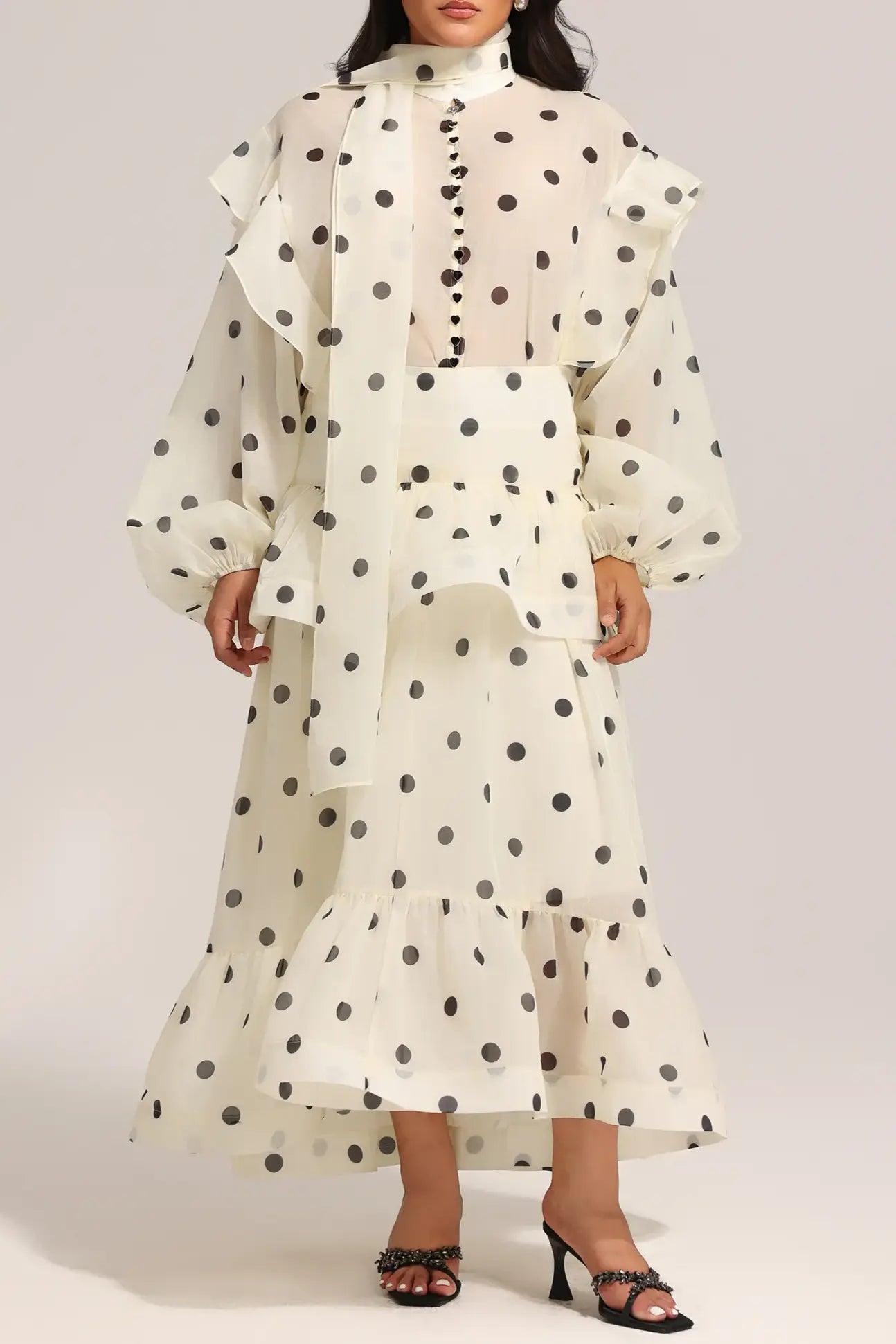 Dot Printed Folds Long Sleeves Top And Skirt Two-Piece Set