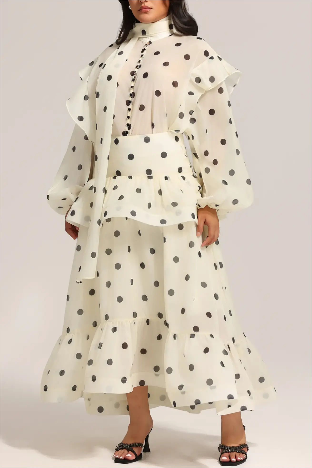 Dot Printed Folds Long Sleeves Top And Skirt Two-Piece Set