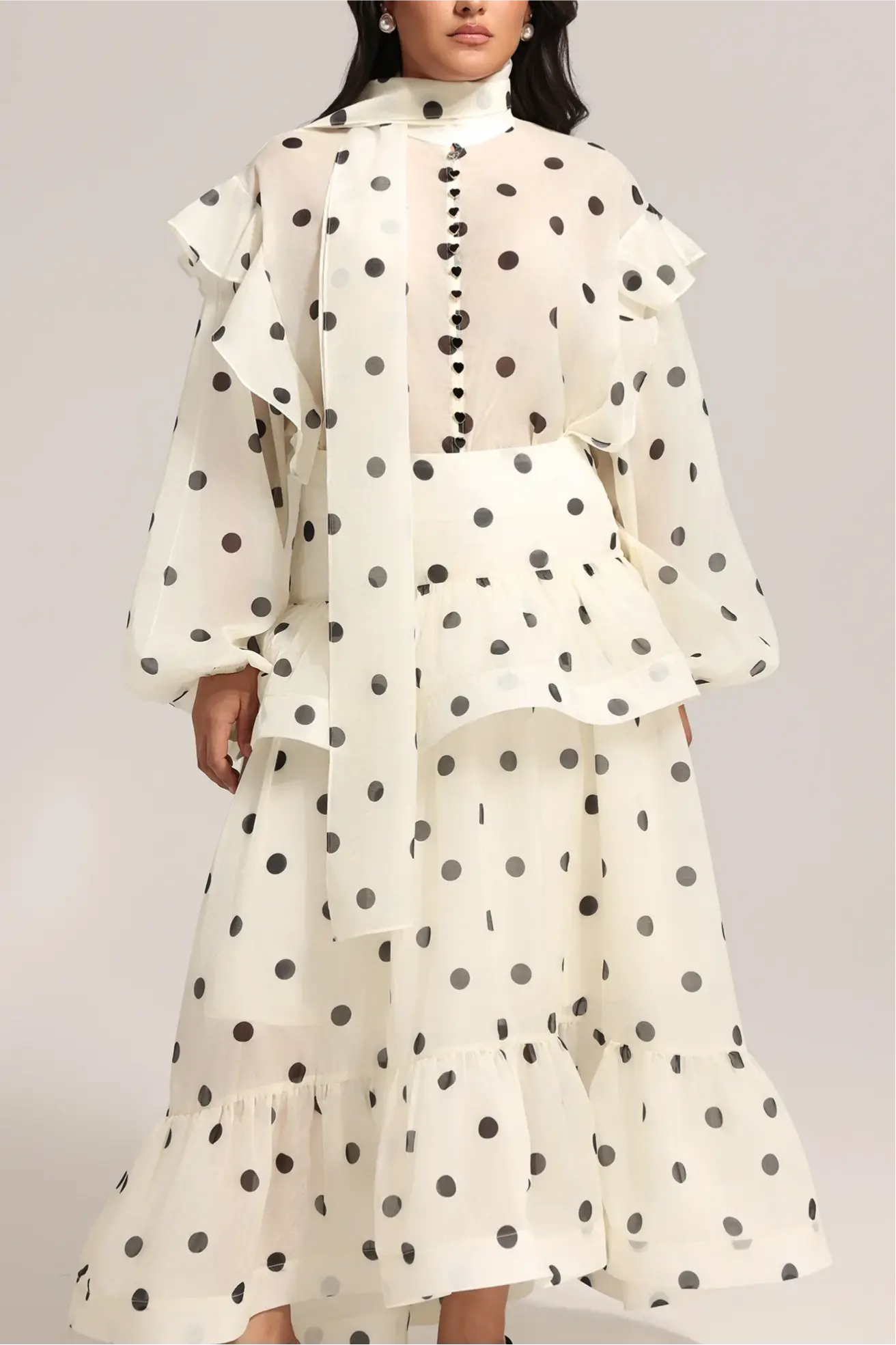 Dot Printed Folds Long Sleeves Top And Skirt Two-Piece Set