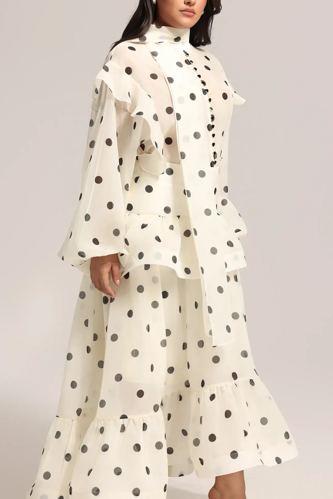 Dot Printed Folds Long Sleeves Top And Skirt Two-Piece Set