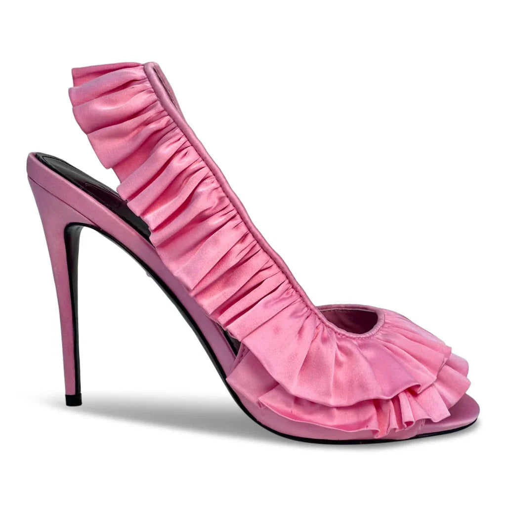 Pink Ruffle High Heels – Satin Peep Toe Stiletto Party Shoes