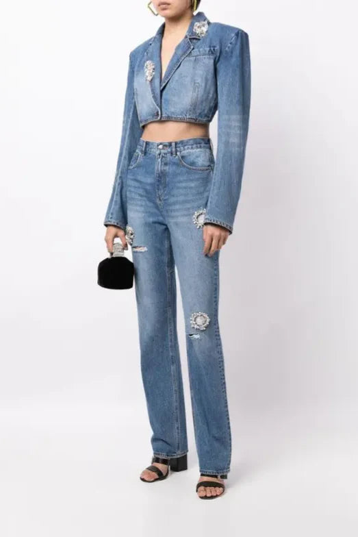 Distressed Crystal Open-back Demin Cropped Blazer