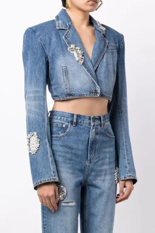Distressed Crystal Open-back Demin Cropped Blazer