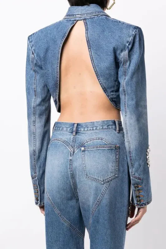 Distressed Crystal Open-back Demin Cropped Blazer