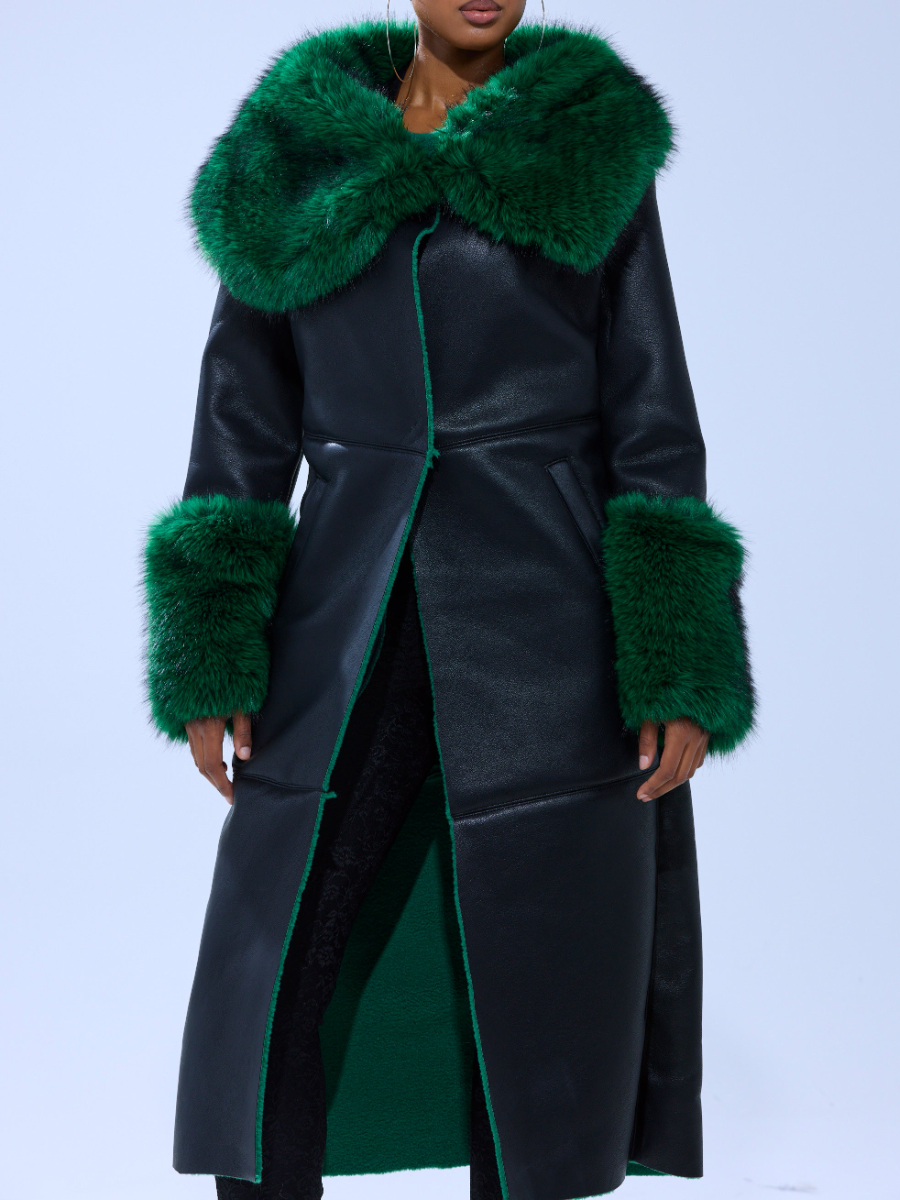 Green Fur-Trim Faux Leather Coat