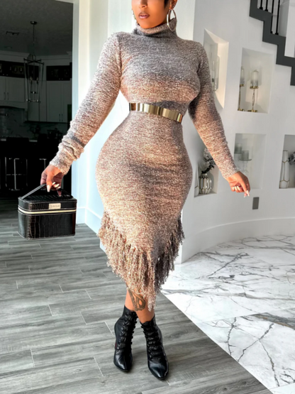 Asymmetrical Fringed Stretch Knit Dress