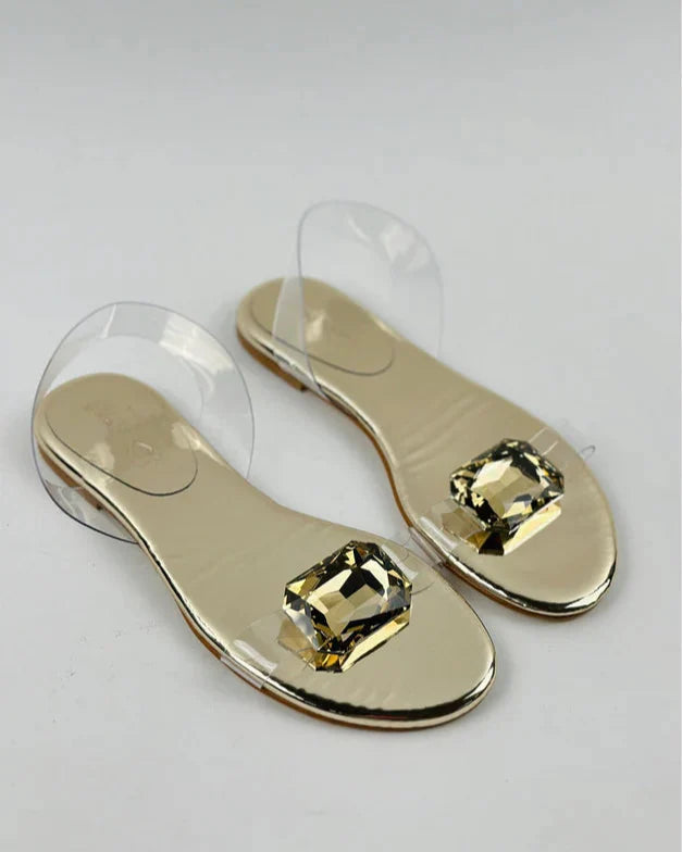 Gold Large Crystal Flat Sandals