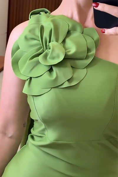 Green 3D Flower One Shoulder Slim Dress