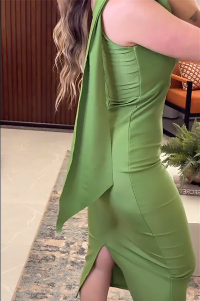 Green 3D Flower One Shoulder Slim Dress