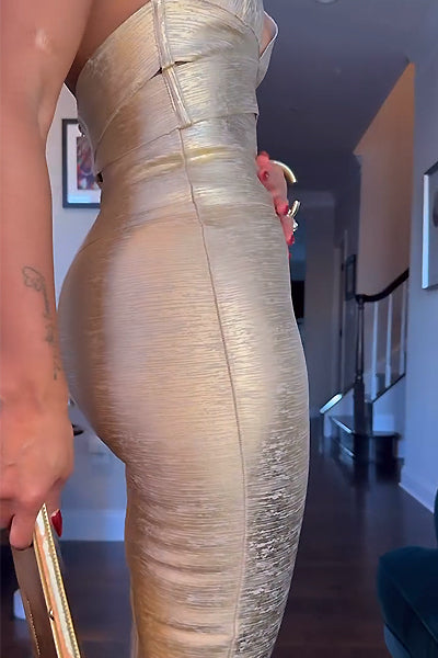 Golden V-Neck Sleeveless Top & Half Skirt Set