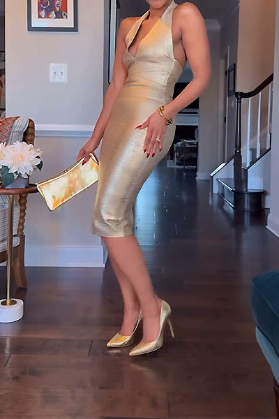 Golden V-Neck Sleeveless Top & Half Skirt Set