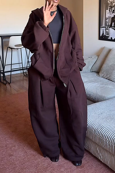 Brown Loose Hooded Sportswear