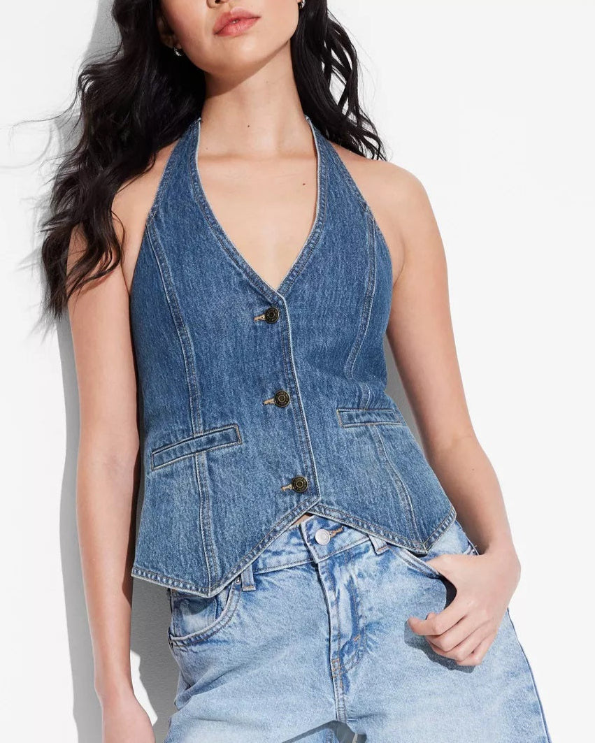 Women's Open-Back Halter Denim Vest