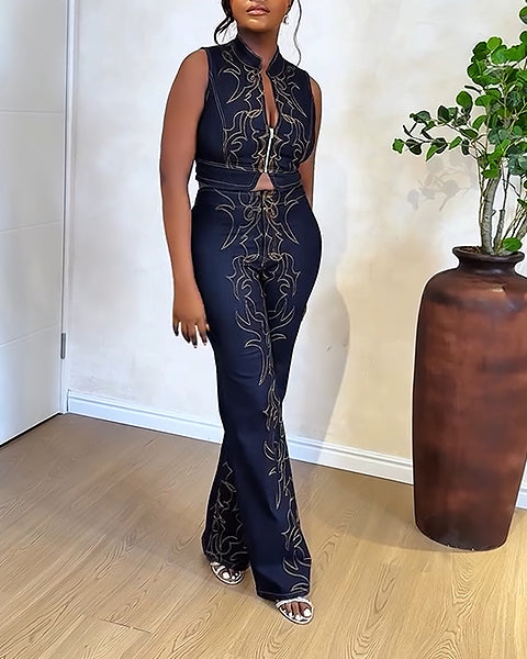 Navy Blue Embroidered Zip-Up Jumpsuit