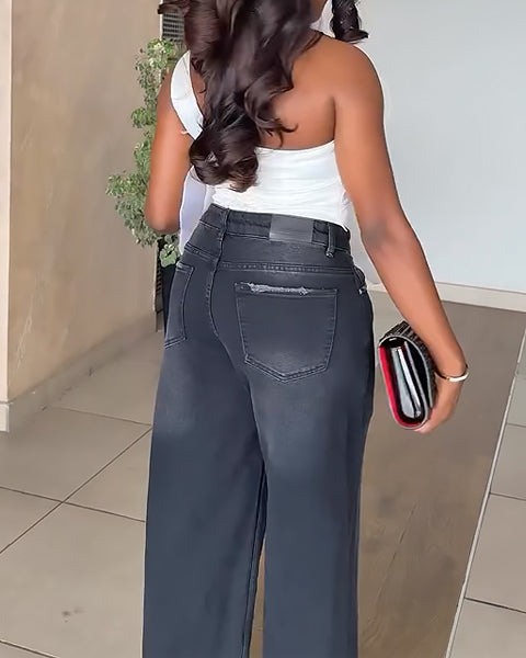 Elegant White Floral Ruffle One-Shoulder Top