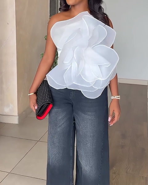 Elegant White Floral Ruffle One-Shoulder Top