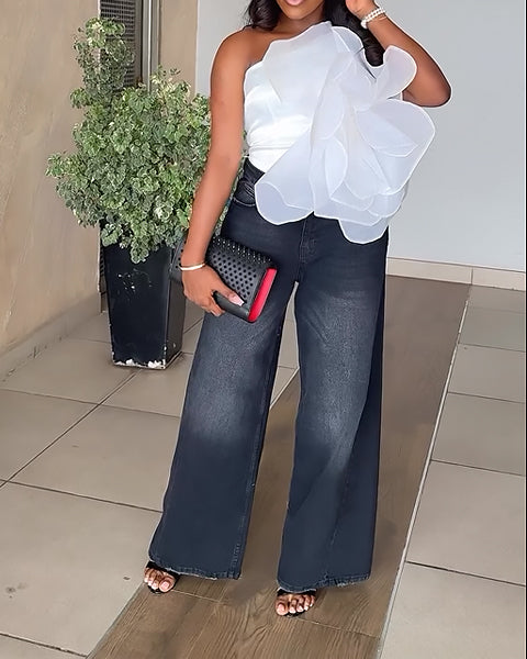 Elegant White Floral Ruffle One-Shoulder Top