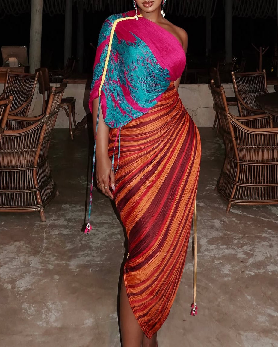 Irregular One Sleeve Pleated Side-Slit Dress