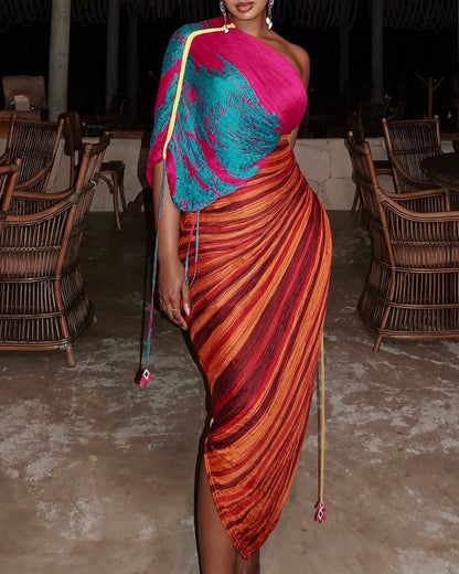 Irregular One Sleeve Pleated Side-Slit Dress