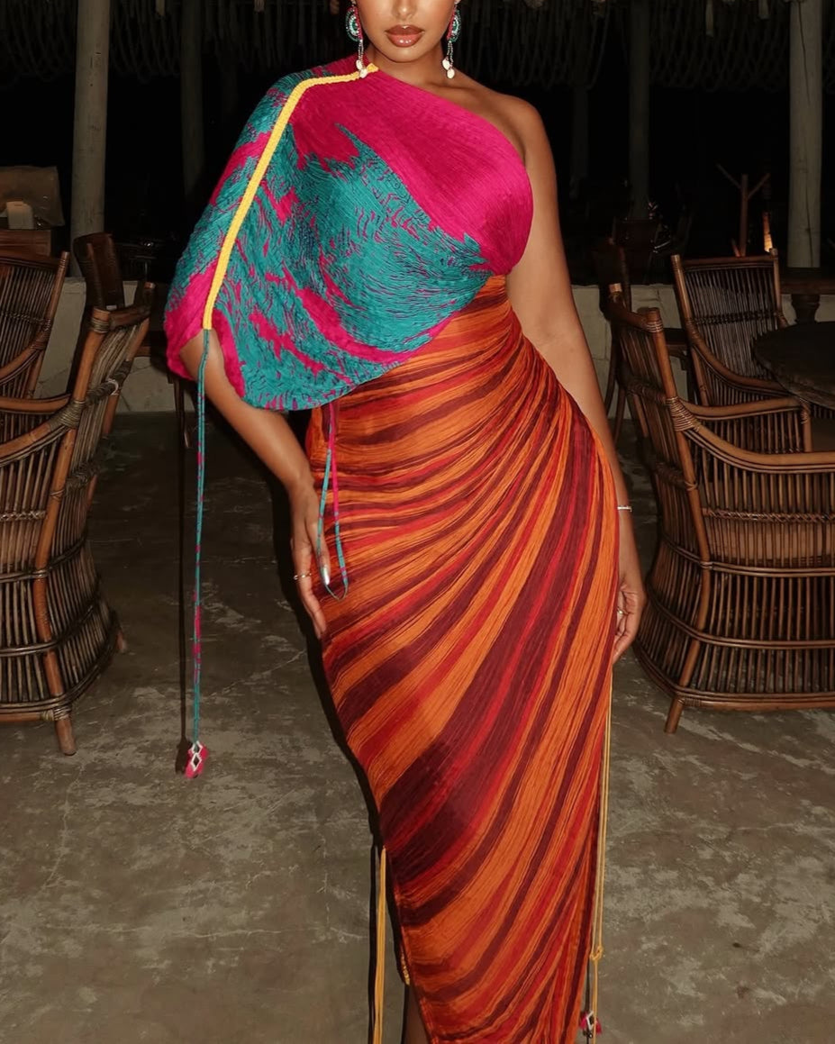 Irregular One Sleeve Pleated Side-Slit Dress