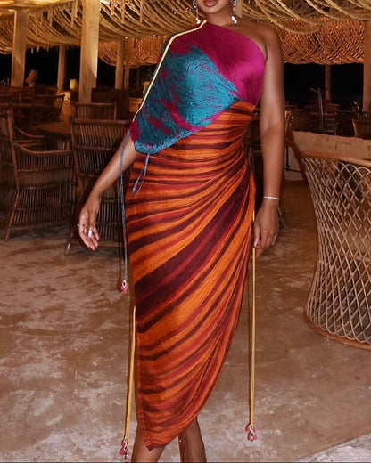 Irregular One Sleeve Pleated Side-Slit Dress