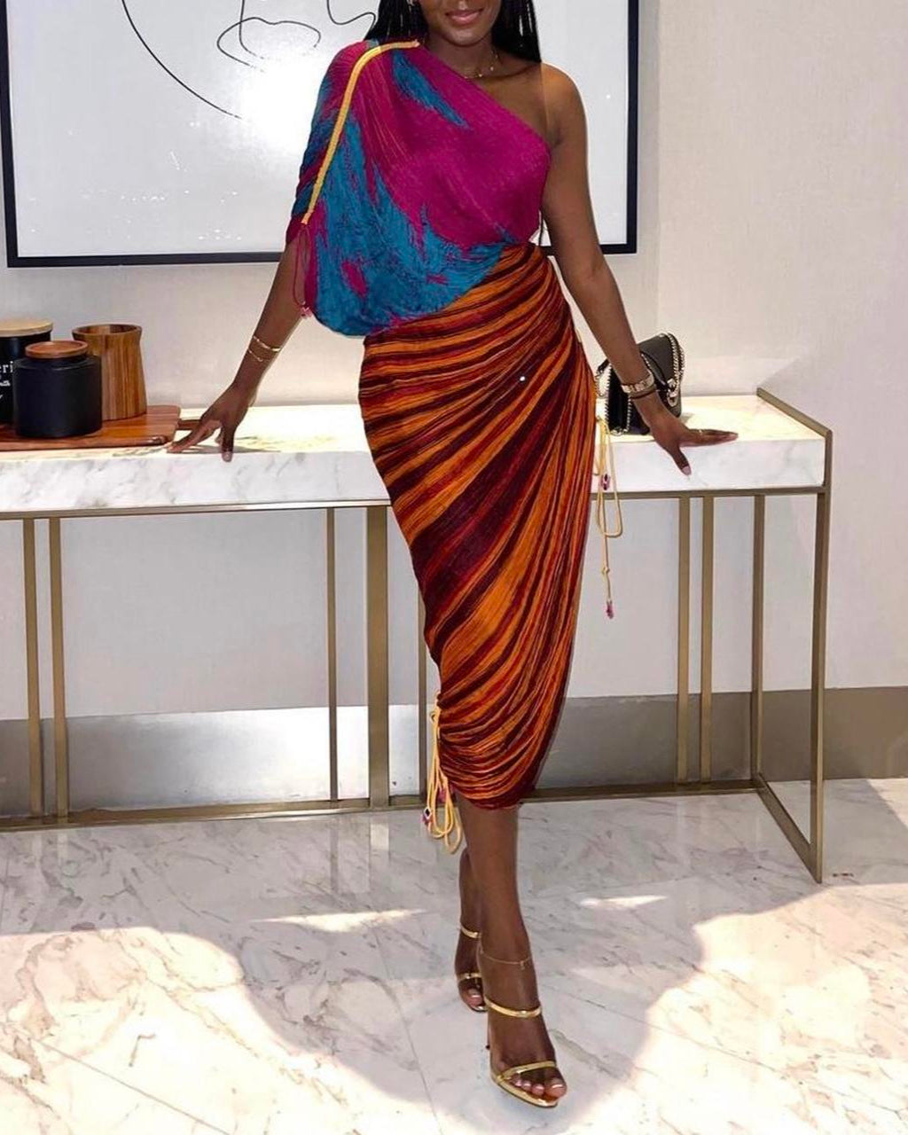 Irregular One Sleeve Pleated Side-Slit Dress