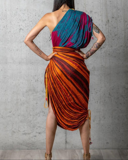 Irregular One Sleeve Pleated Side-Slit Dress