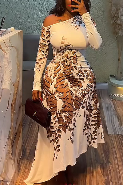 One-Shoulder Long Sleeve Leopard Print Asymmetrical Midi Dress