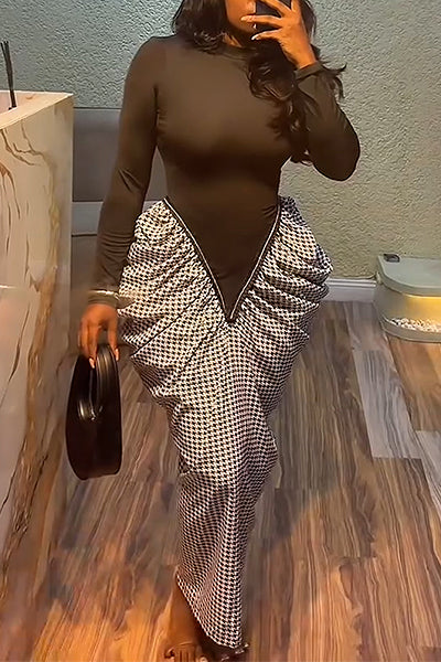 Contrast Bodycon Top & Draped Houndstooth Maxi Skirt Dress