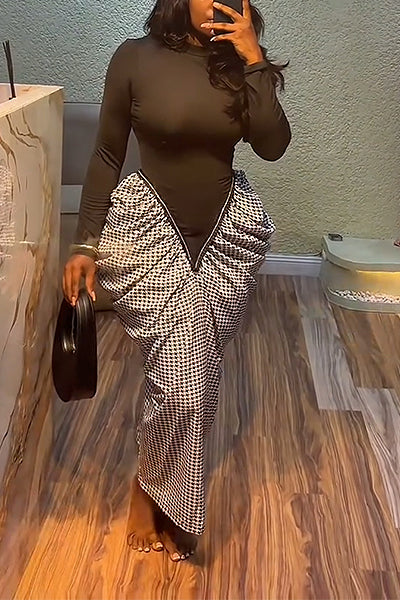 Contrast Bodycon Top & Draped Houndstooth Maxi Skirt Dress
