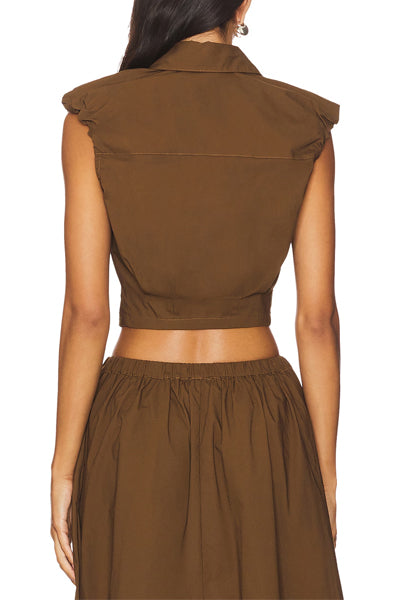 Sleeveless Cropped Shirt & High-Waisted Midi Skirt Set in Cocoa Brown