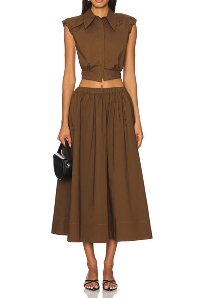 Sleeveless Cropped Shirt & High-Waisted Midi Skirt Set in Cocoa Brown