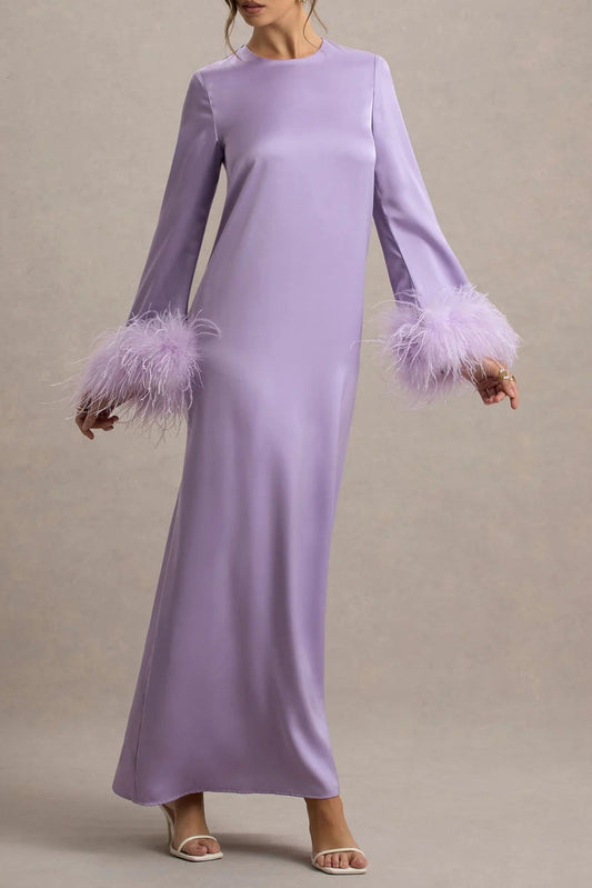 Lilac Satin Feather-Trim Maxi Dress