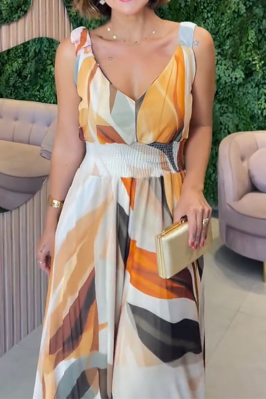 Draped Elastic Waist Printed Wide-leg Jumpsuit