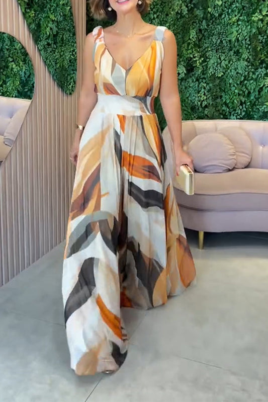 Draped Elastic Waist Printed Wide-leg Jumpsuit