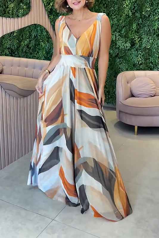 Draped Elastic Waist Printed Wide-leg Jumpsuit