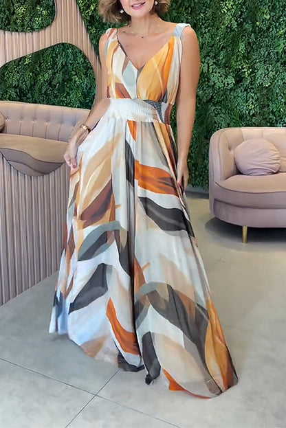 Draped Elastic Waist Printed Wide-leg Jumpsuit