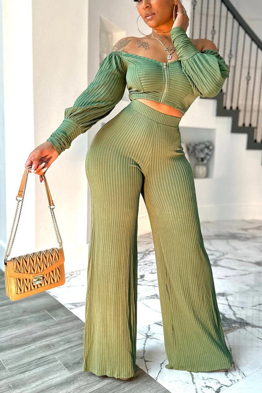 Olive Allure Ribbed Two-Piece Set – Off Shoulder & Wide Leg