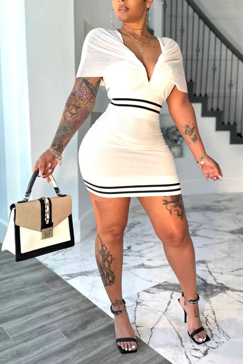 Curve Champion Bodycon Dress – White with Contrast Stripes